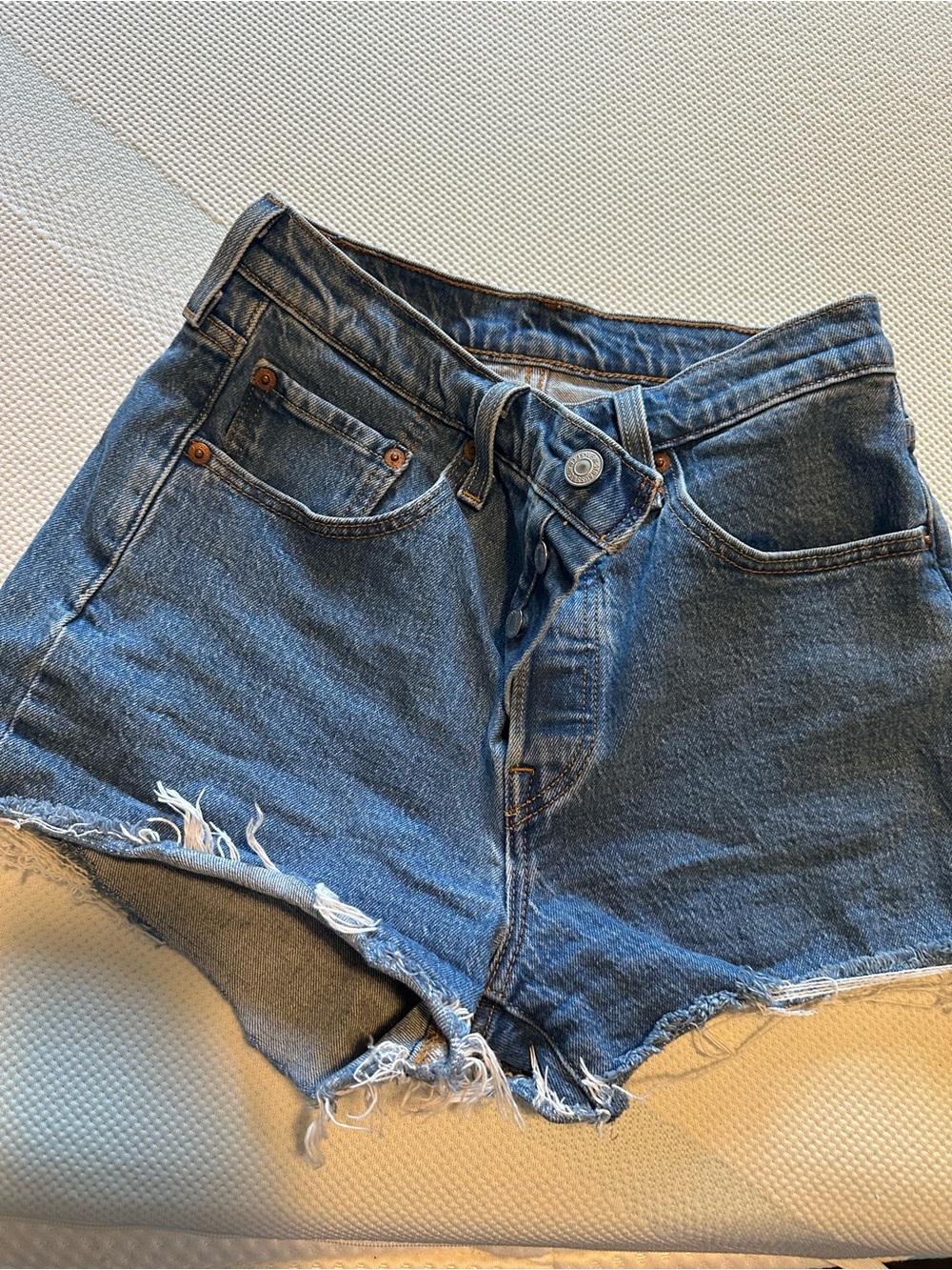 Levi 501 High-Waist Distressed Blue Denim Shorts